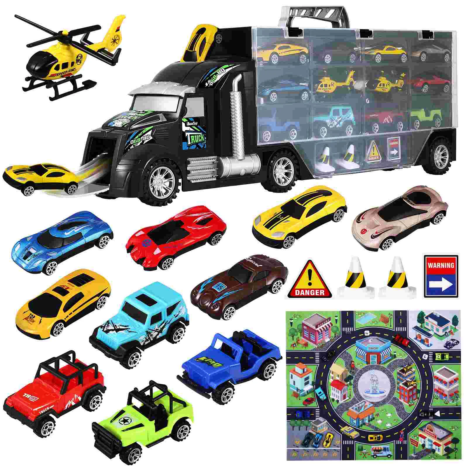 iBaseToy Kids Carrier Truck Toy Set Small Vehicles Helicopters Transport Truck Children Model Car Kit for Gift Party Favors