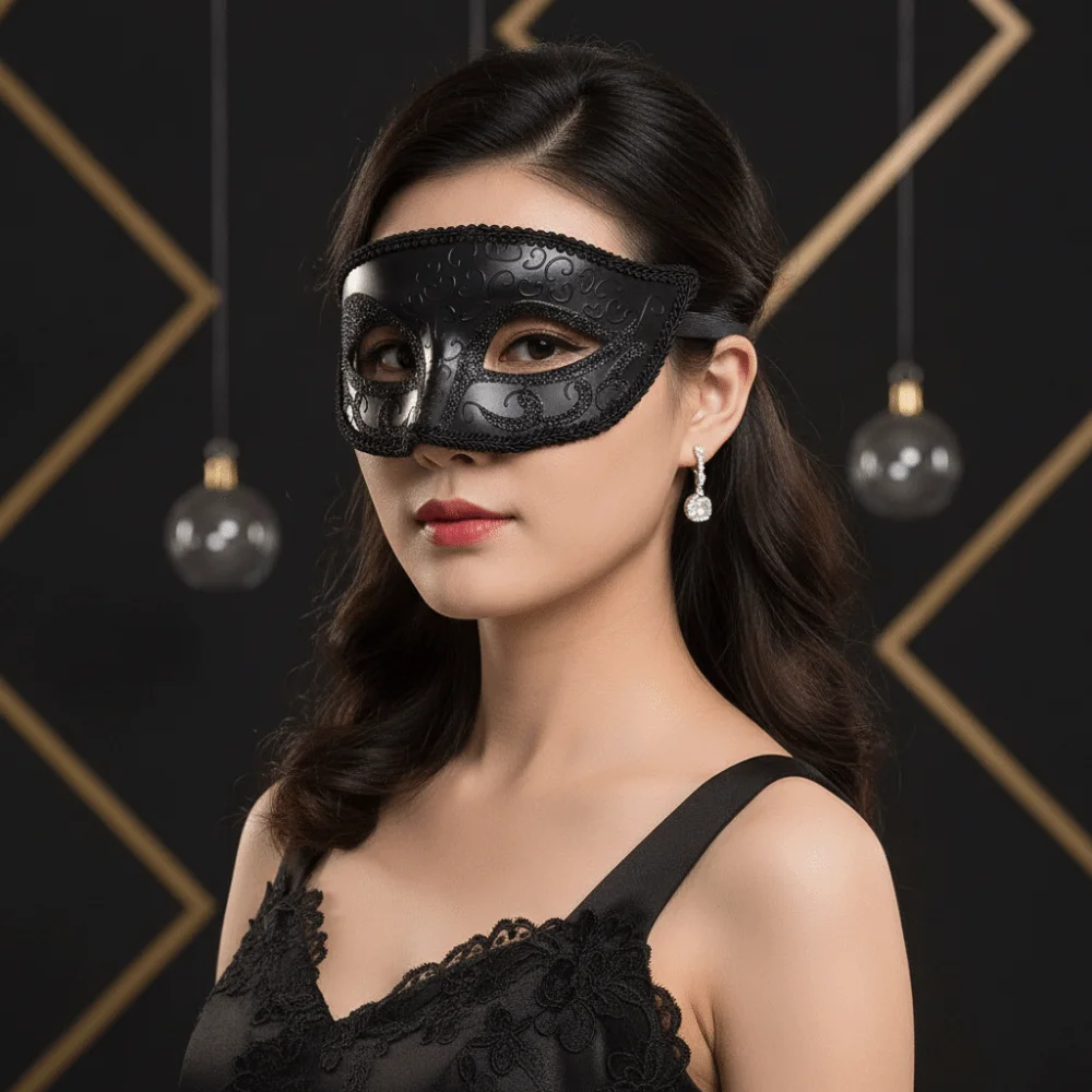Half Face Cut Masquerade Eye Mask Side Flower Trim Ribbon Tie Closure Feather Face Veil Soft Feather Accent Rhinestone Embedded