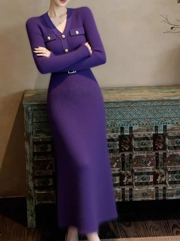 

Французское элегантное фиолетовое вязаное платье для женщин, новая зимняя коллекция, с поясом, длинная юбка с вырезом на талии