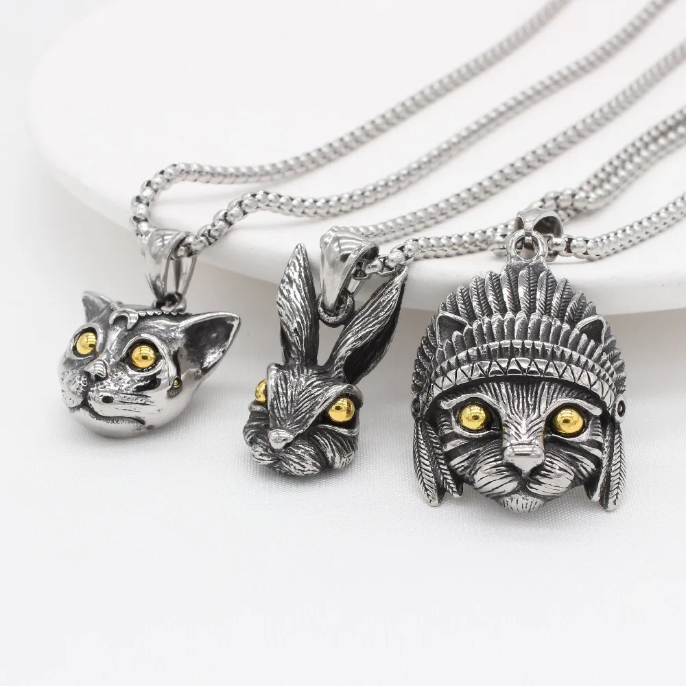 Retro Matte Funny Indian Cat Rabbit Head Alloy Pendant Necklace Lovely Fashion Men Women Metal Chain Pendants Cat Rabbit Jewely