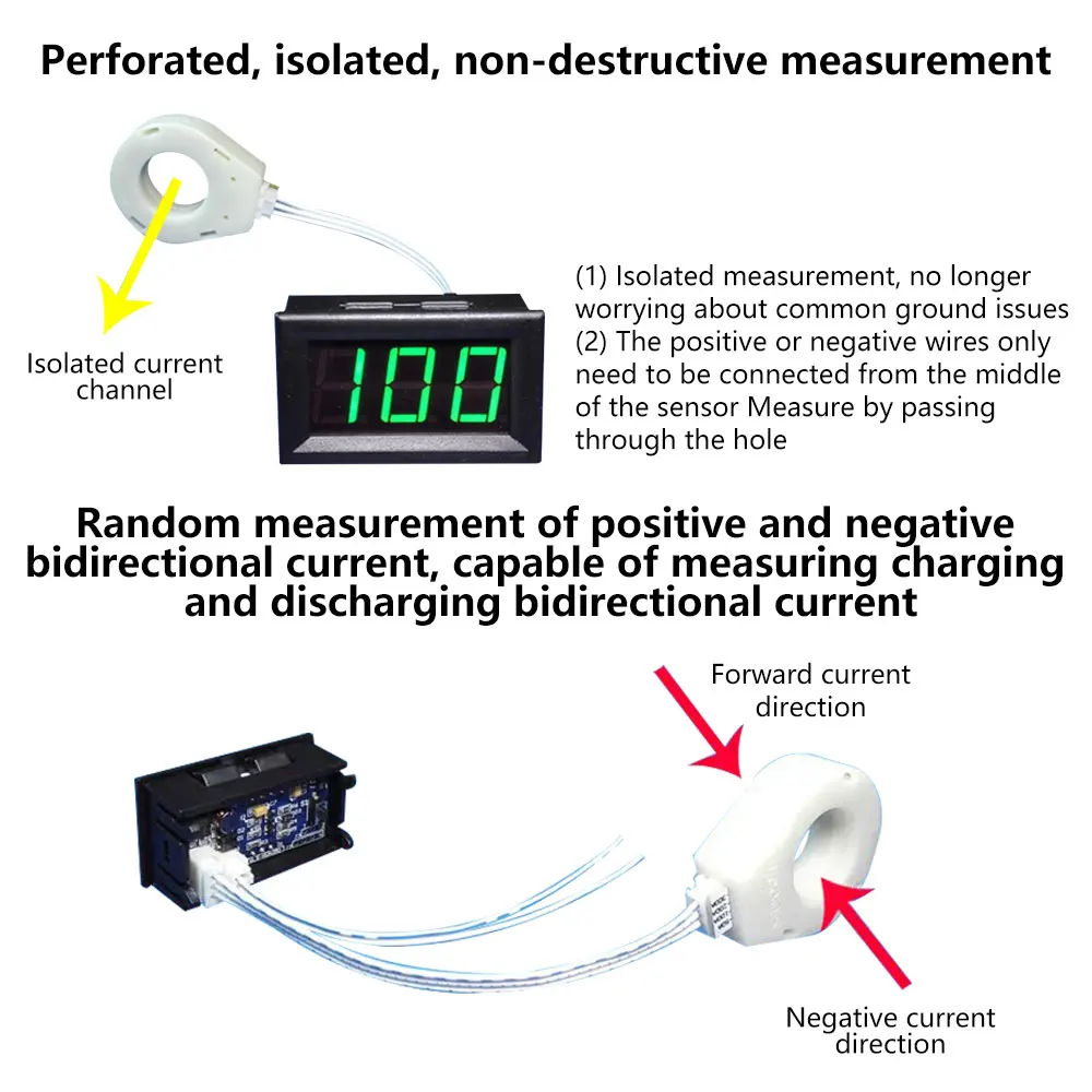 DC5-120V 50A 100A 200A 400A Hall Voltmeter Ammeter Battery Monitor Digital LED Voltage Current Meter Hall Sensor w/ Transformer