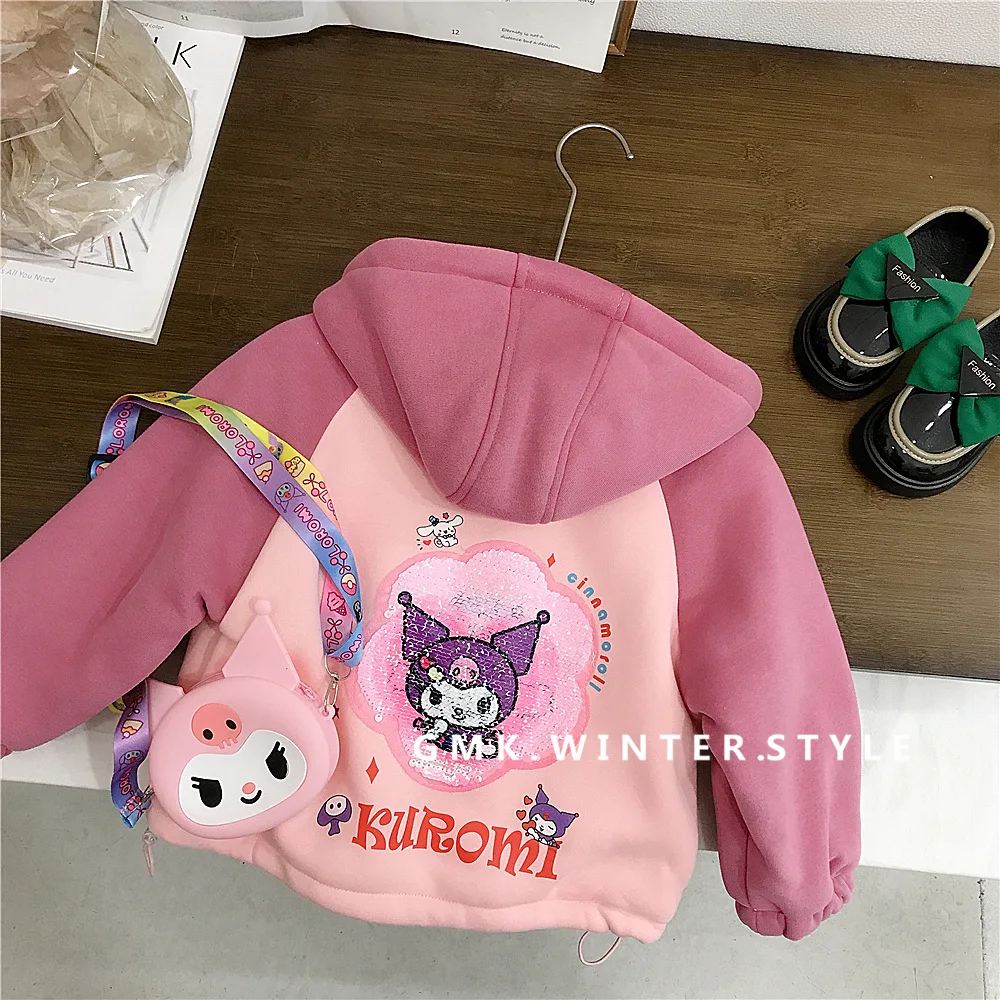 

Kuromi Kawaii Sanrio Children Warm Long Sleeve Casual Coat Autumn Winter Cute Cartoon Thickened Jacket Clothing Gifts for Kids