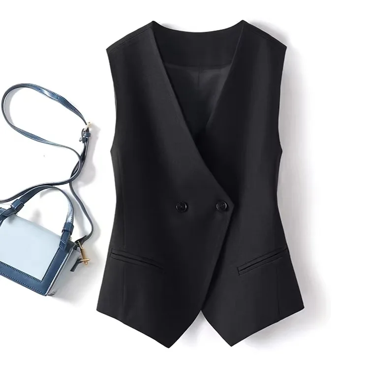 

Faionable Women's Spring Autumn Casual Design Irregular Double Row Button Vest Sweet Sle Regular Length Cotton Linen Blend