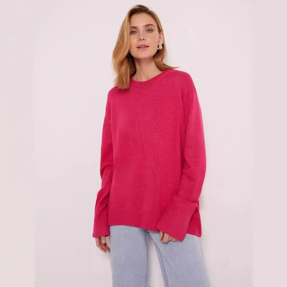 Loose Fit Round Neck Pullover Sweater Simple Style with Long Sleeve Casual Regular Length Single Heat Set Thick Women Sweater