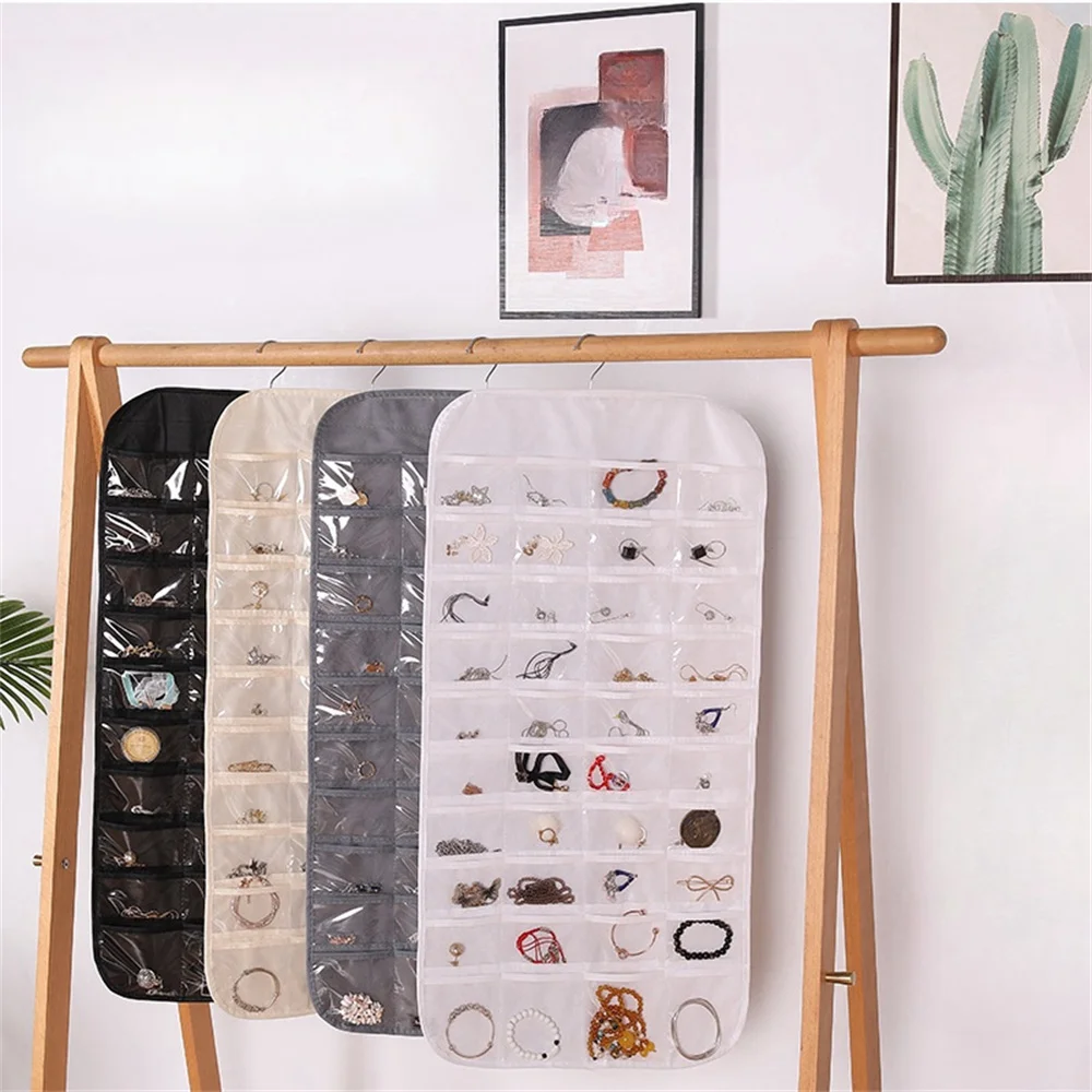 1pc 80 Pockets Hanging Women Jewelry Organizer, Earrings Necklace Bracelet Ring Accessories Display Holder