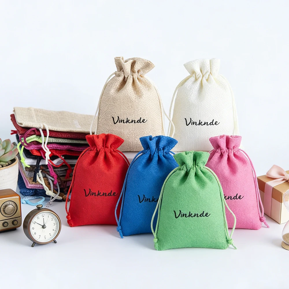 

100Pcs/Lot Bulk Drawstring Natural Burlap Linen Bags Jewelry Travel Storage Cotton Pouch Custom Logo Wedding Xmas Party Gift Bag