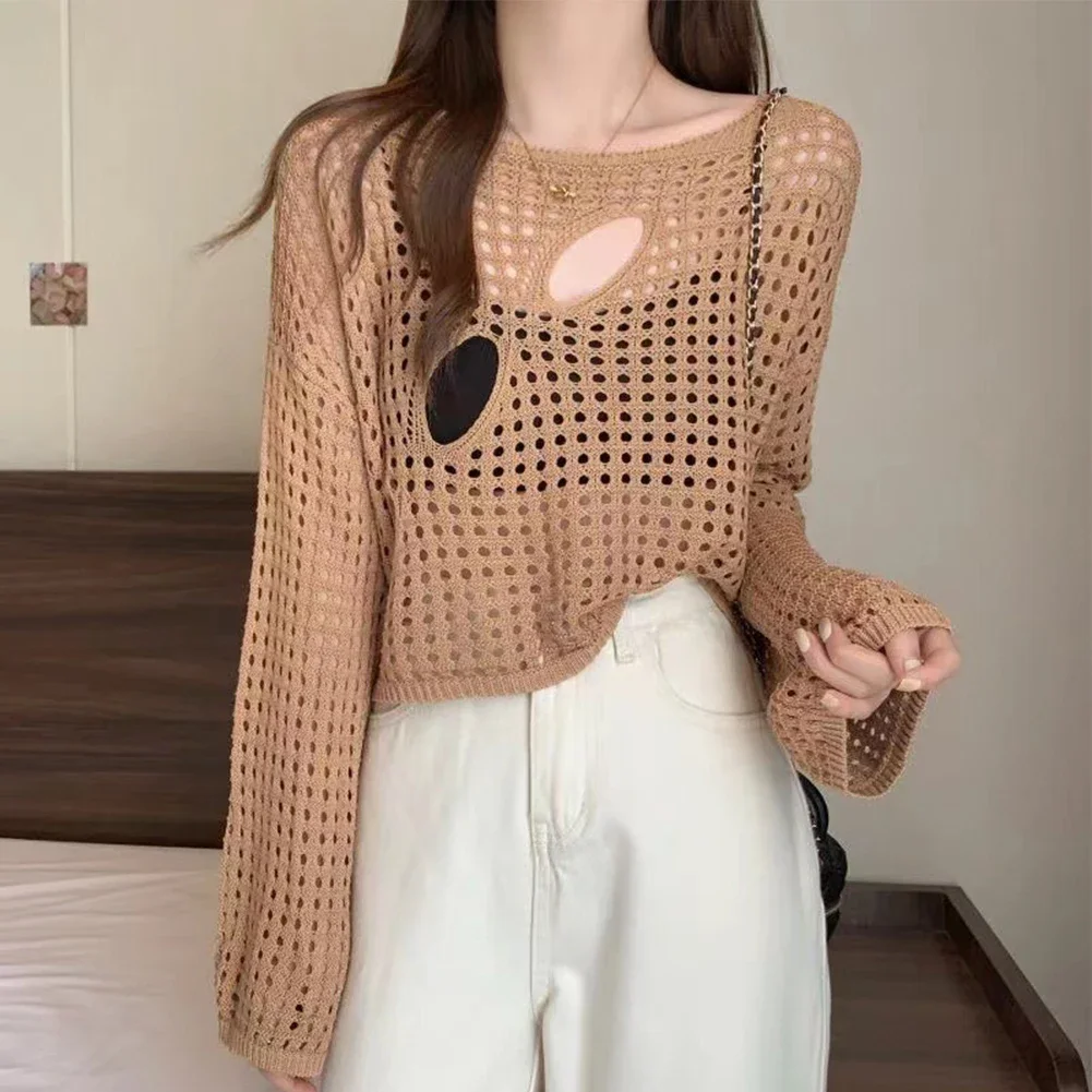 Women Wool Knitwear Solid Color Mesh Round-Neck Long Sleeve Knitted Pullover Tops For Ladies Beachwear Bikini Cover Up