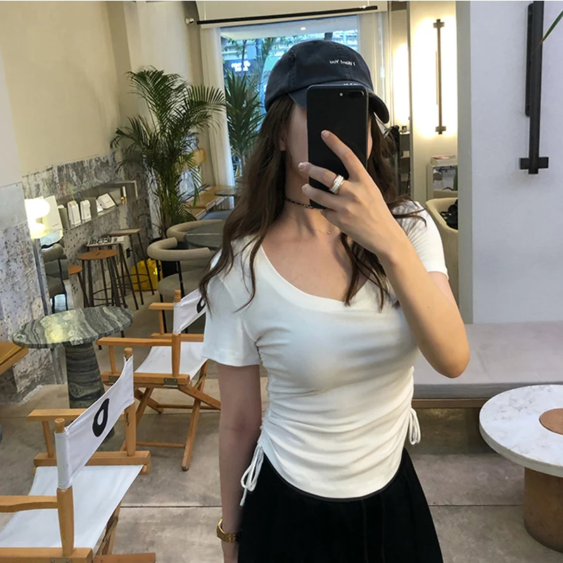 Sexy seitlich geraffte Tops mit Kordelzug für Damen, einfarbig, schmal geschnittenes Crop-Top, Streetwear-T-Shirts, trendiges, schickes kurzes T-Shirt für den Sommer