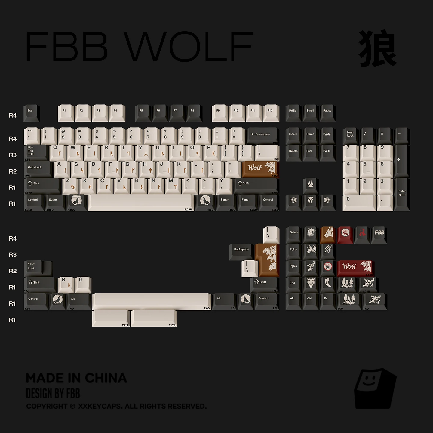 FBB Keycap Set Wolf Style PBT 145 Keys Cherry Profile Keycaps for 60/84/98/100/108 Gaming Mechanical Keyboard Skins 1.7mm Thick