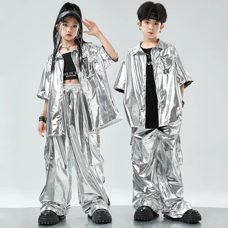 Kids Cool Hip Hop Clothing Silver Shirt Pants For Girls Jazz Dance Costume Boys Street Wear Kpop Outfit Stage Wear SL10709