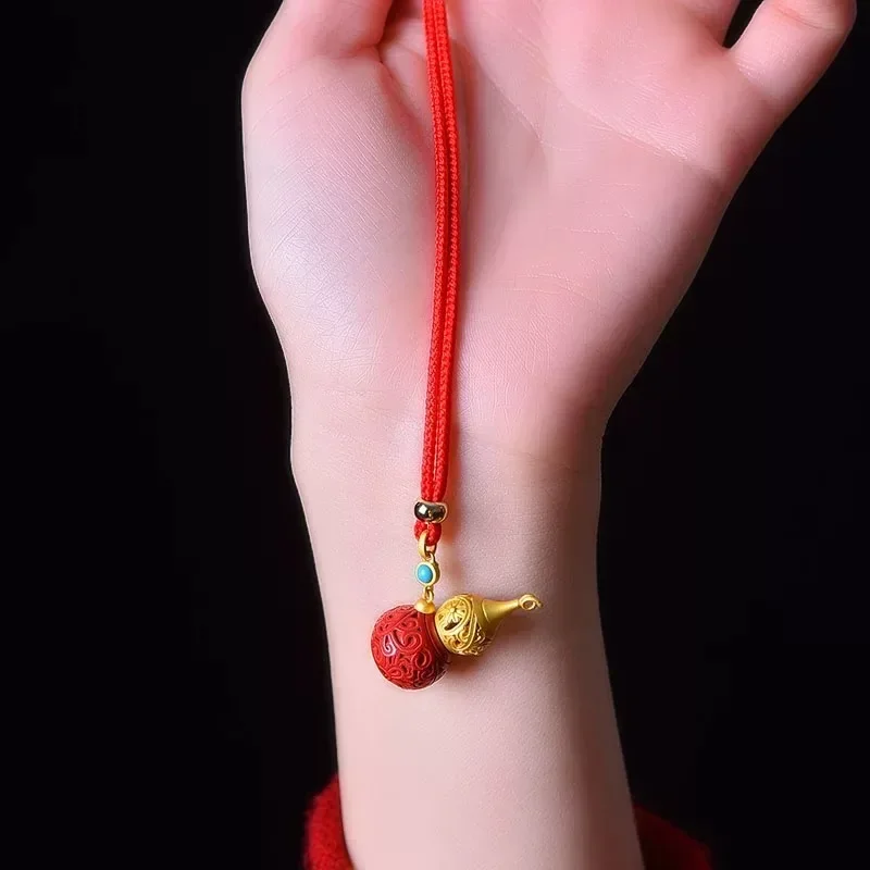 Men's and Women's Exquisite Hollow Cinnabar Gourd Necklace, Purple Gold Sand Pendant, Imperial Sand Filigree Gourd Pendant