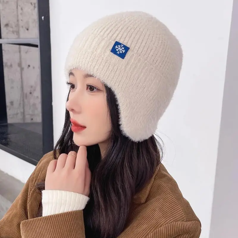 Women Candy Colored Winter Earflap Hat Soft Faux Fur Knitted Cap Fashion Kpop Style for Daily Work Commute