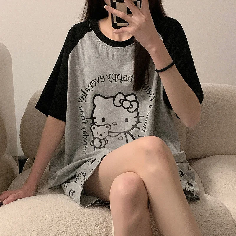 2024 New Sanrio Hello Kitty Summer Short Sleeve Shorts Suit Kawaii Y2K Cartoon Sweet Spicy Girl Home Pajamas Suit Girls Gift