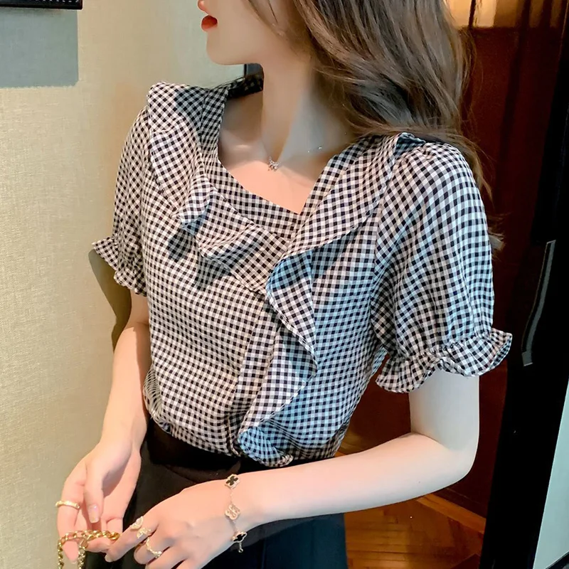 Sweet Loose Spliced Folds Ruffles Lattice Blouse Female Clothing 2023 Summer New Casual Pullovers Office Lady Asymmetrical Shirt