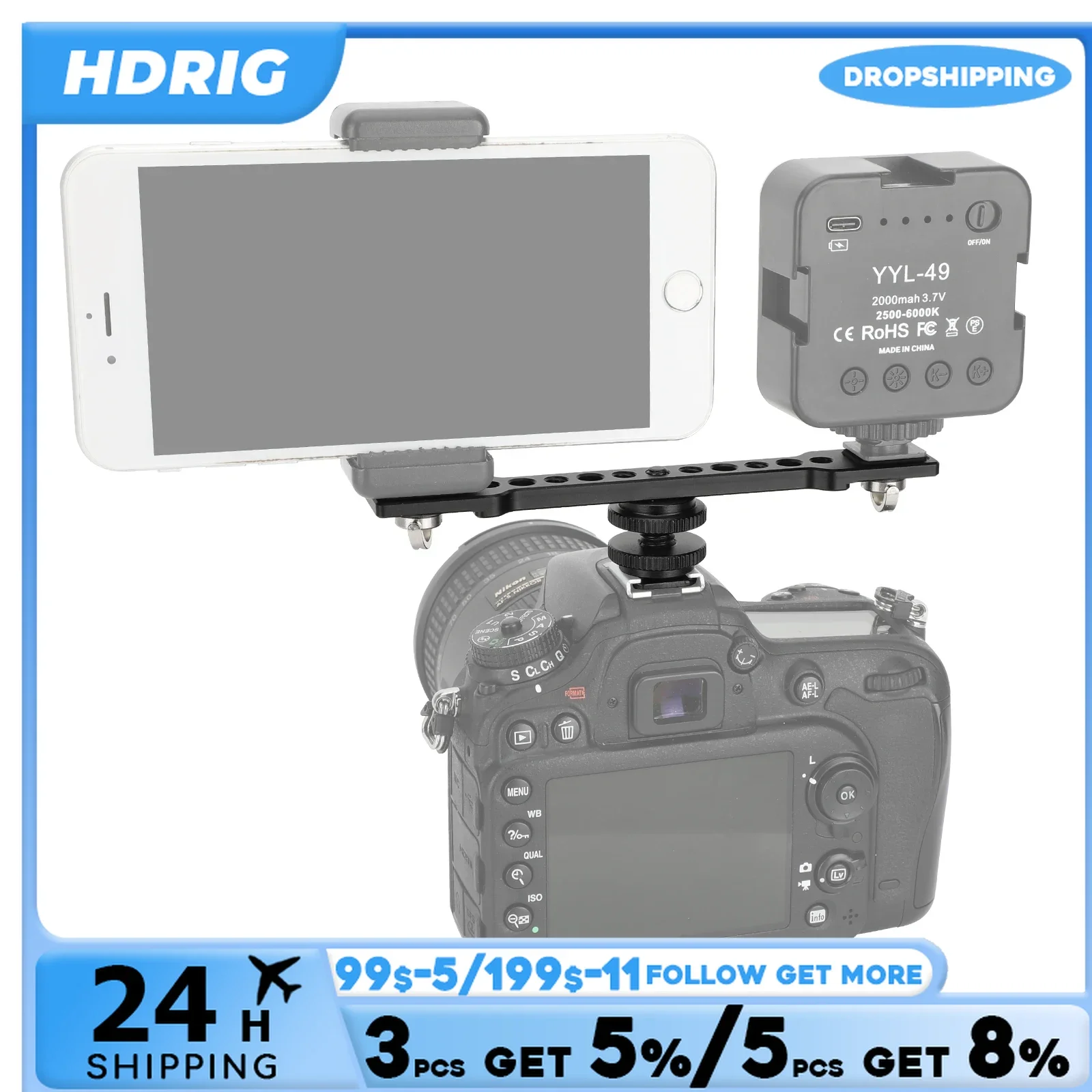 HDRIG Cold Hot Shoe Adapter 1/4 Mount Extension Bar Bracket Mount Holder Nikon Canon Sony DSLR SLR Camera Monitor Mount Phone