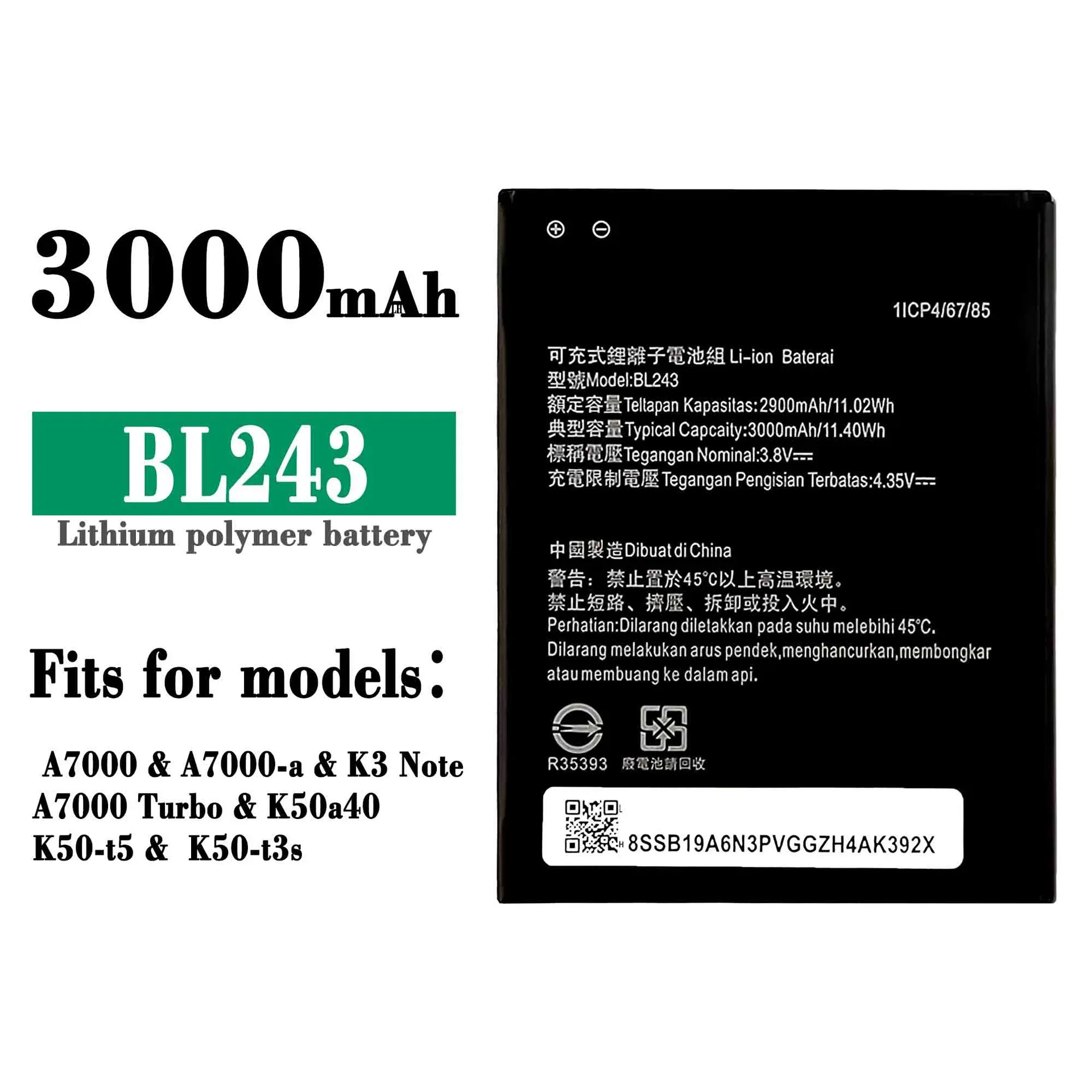 

New BL243 Battery for Lenovo Lemon K3 Note K50-T5 A7000 A5500 A5600 A7600 2900mAh Mobile Phone Backup Bateria