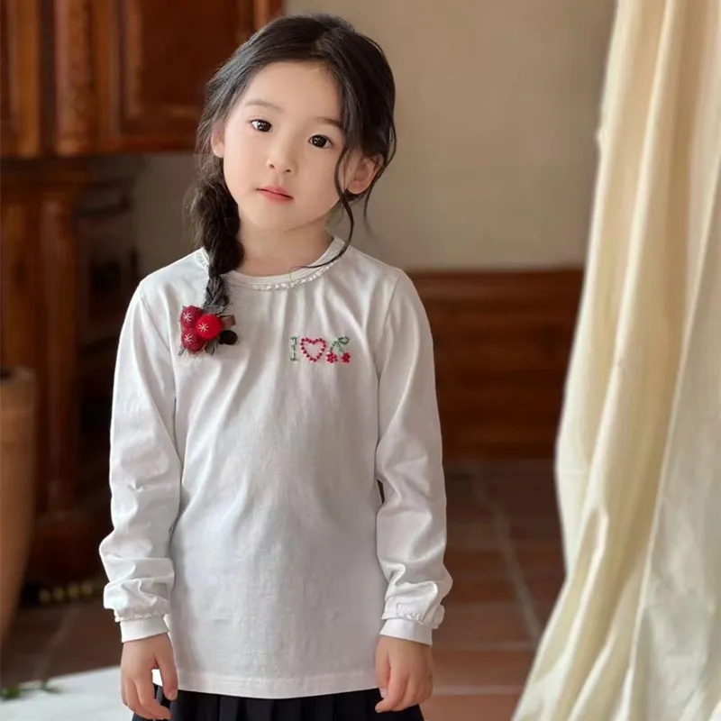 2024 BP New Autumn White Long Sleeves Cherry Shirt for Kids Red Beading Cherry Brand Clothes for Girl Kids