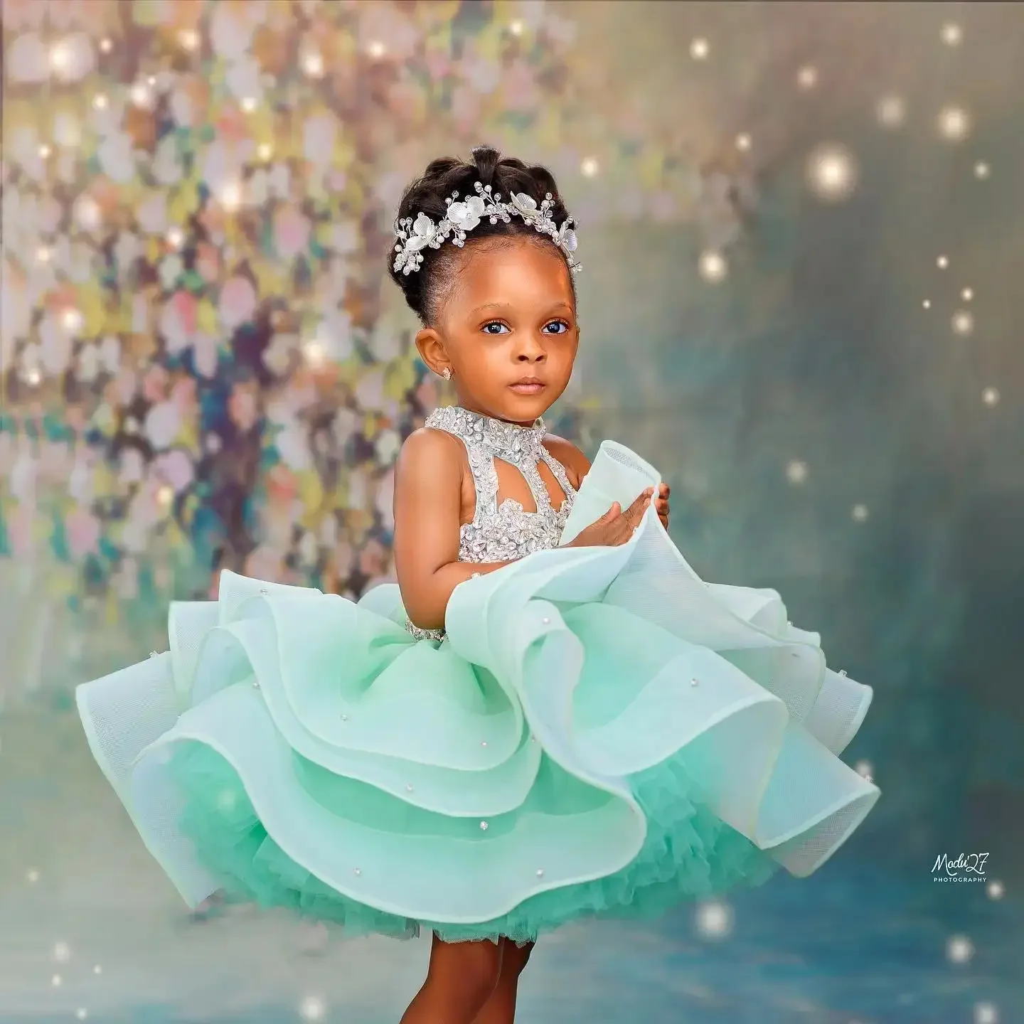 Customized Mint Green Kids Birthday Party Dresses High Neck Short Flower Girl Dresses for Wedding Baby Girls Prom for Photoshoot