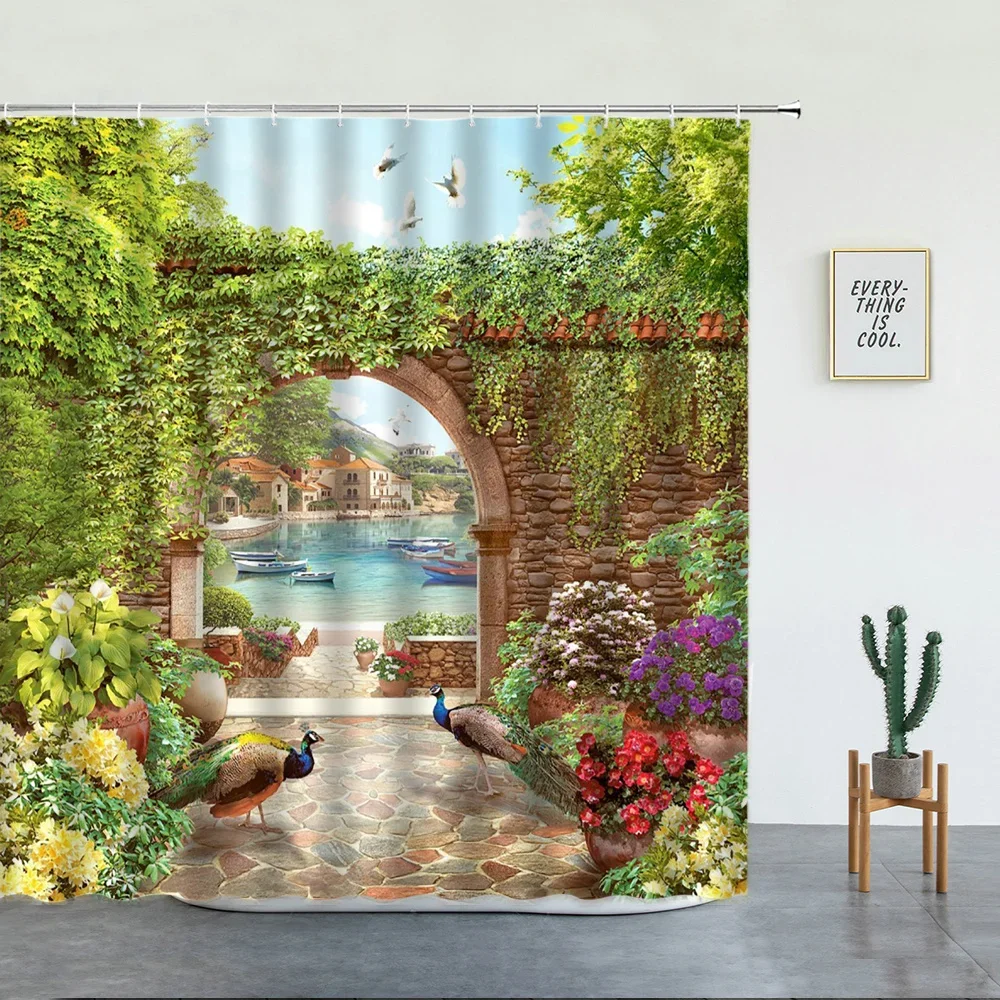 Flowers Arch Bridge Landscape Waterproof Shower Curtains Home Decor Bathroom Curtain Polyester Fabric Background Wall Decoration
