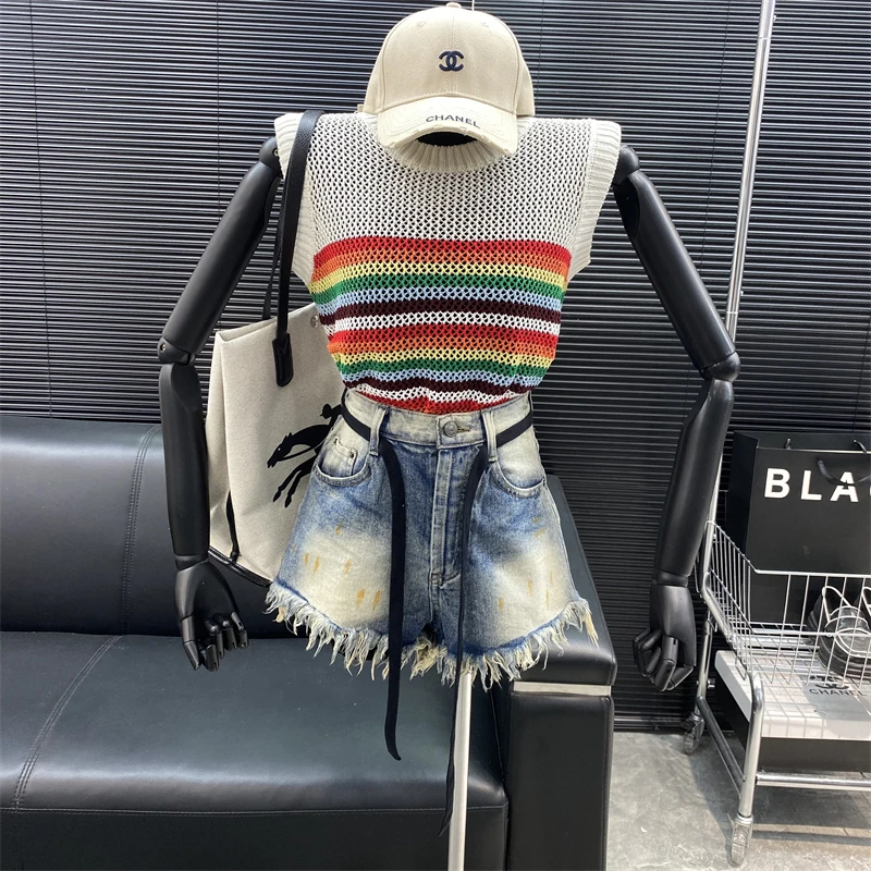 

New 2022 fashion Designer new style rainbow Contrast color stripe vest summer Sleeveless Hollowed out knitting Top