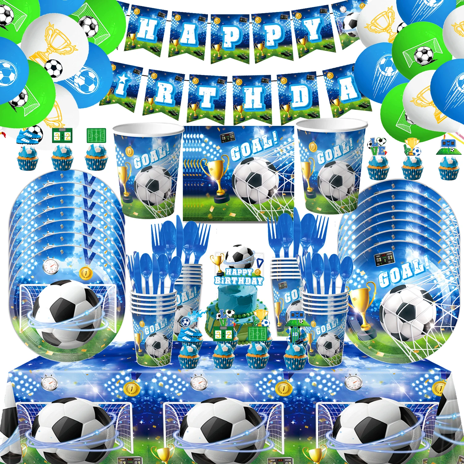 Décoration de fête d'anniversaire de Football, vaisselle, nappe, ballon, bannière, décoration de gâteau, cadeau, fournitures de fête de jeu pour enfants