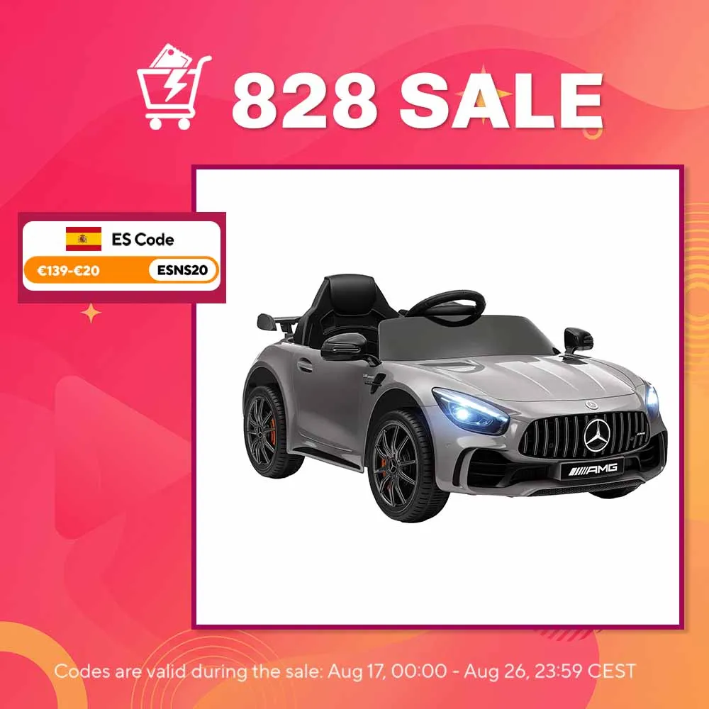 AIYAPLAY Coche Eléctrico para Niños de +3 Años Mercedes-Benz AMG GTR con Batería 12V Mando a Distancia Faros Bocina Música Plata