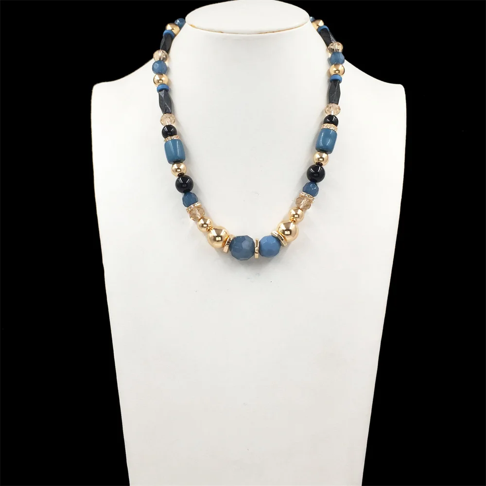 Casual Sweater Necklace Gold Color Plating  Blue Tone Stone Strand Necklace For Women Bohemia Statement Vintage Jewelry
