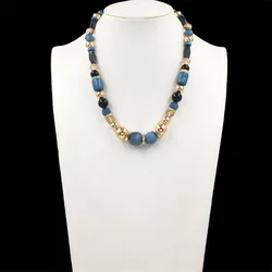 Casual Sweater Necklace Gold Color Plating  Blue Tone Stone Strand Necklace For Women Bohemia Statement Vintage Jewelry