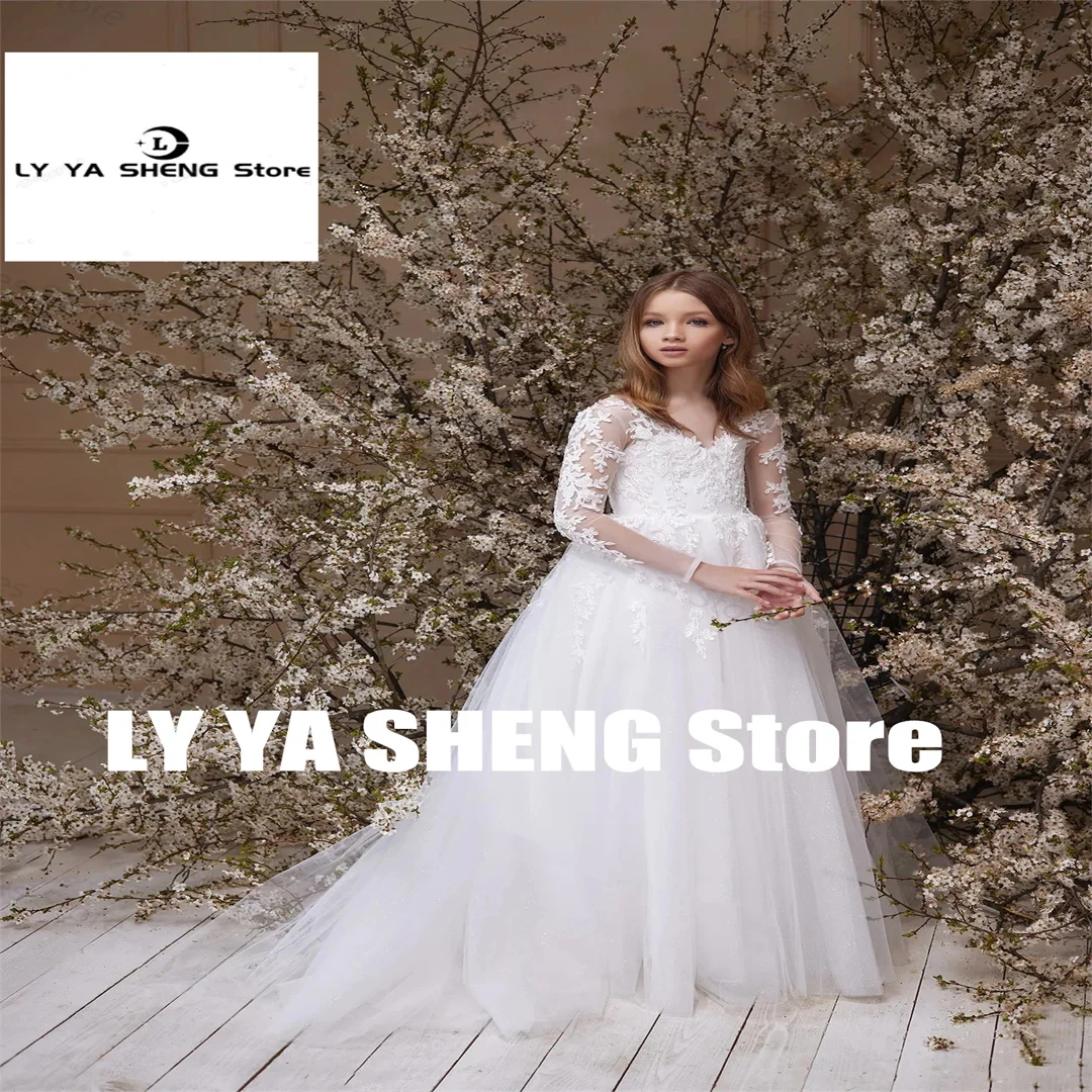 

Communion Lace Tulle Flower Girl Dress For Wedding Full Sleeve Appliques V Neck Kid Birthday Party Ball Gowns First Communion