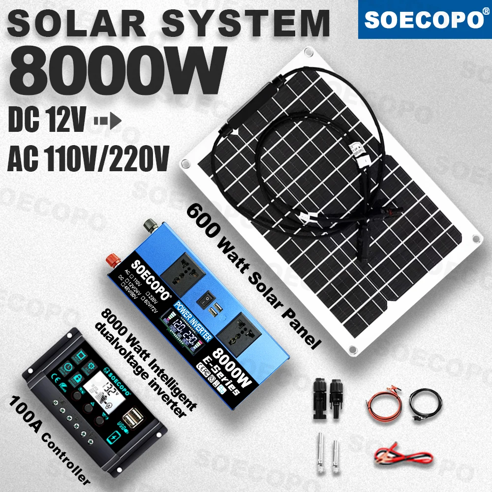 SOECOPO 8000W Peak Solar Kit 1000W Rated Inverter 12V/24V To 110V/220V 600W Flexible Panel 100A  Controller for RV Boat Off-Grid