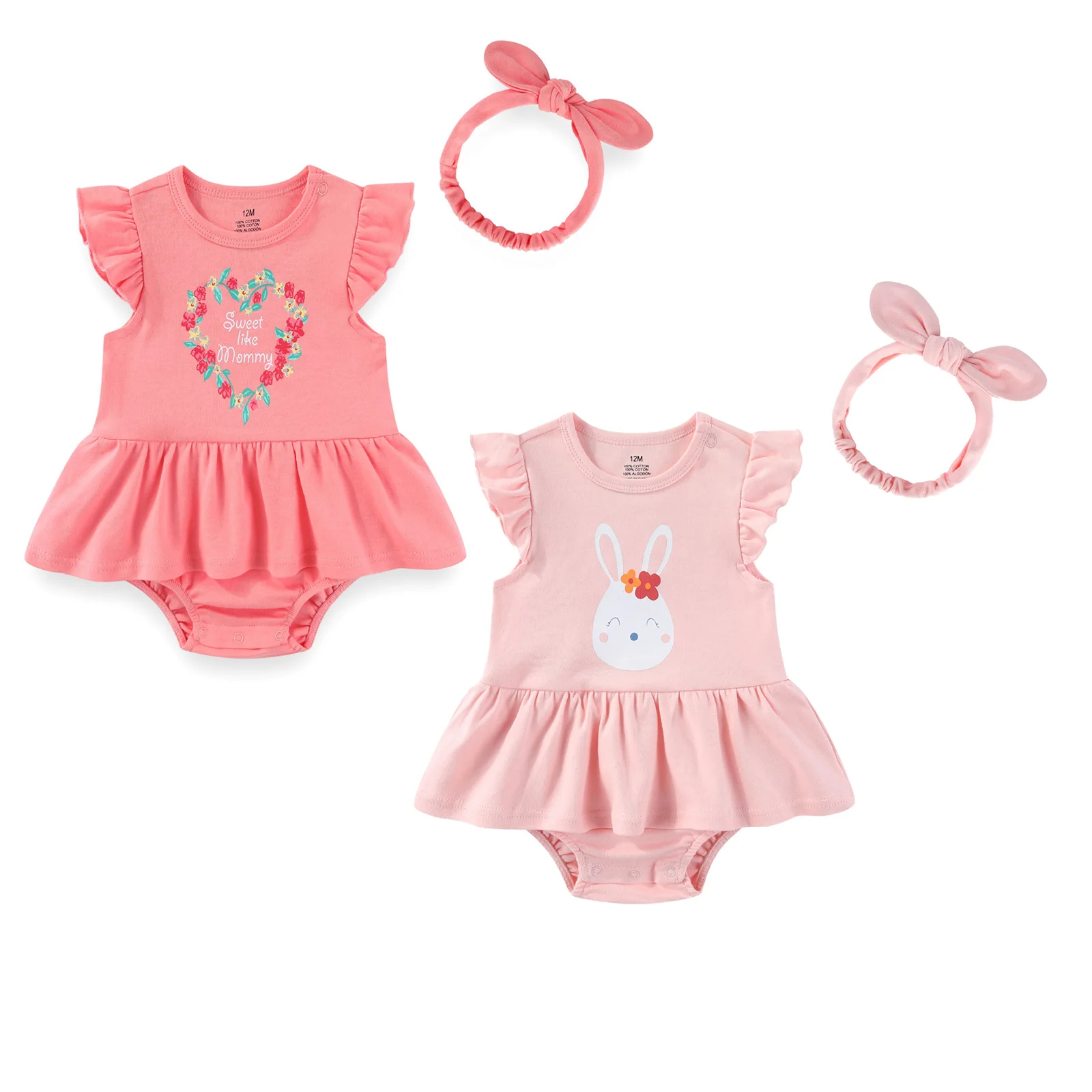 Cartoon Cute Baby Girl Clothing Set Ruffled Sleeveless Bodysuits Heaedband Summer Newborn Clothes 0-24 Months Infant Outfits