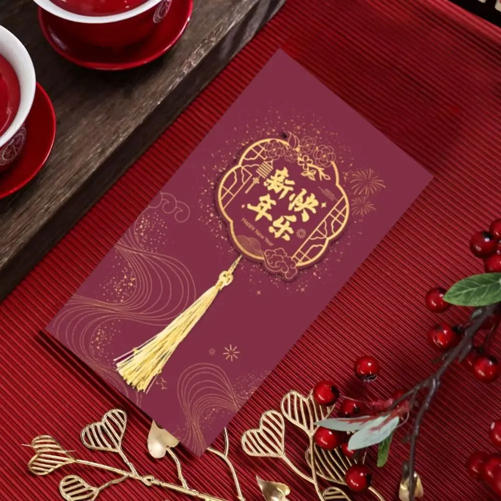 بطاقة تهنئة للعام الصيني الجديد بختم ساخن، بطاقات دعوة للحفلات على الطراز الصيني مستطيلة مع شرابة