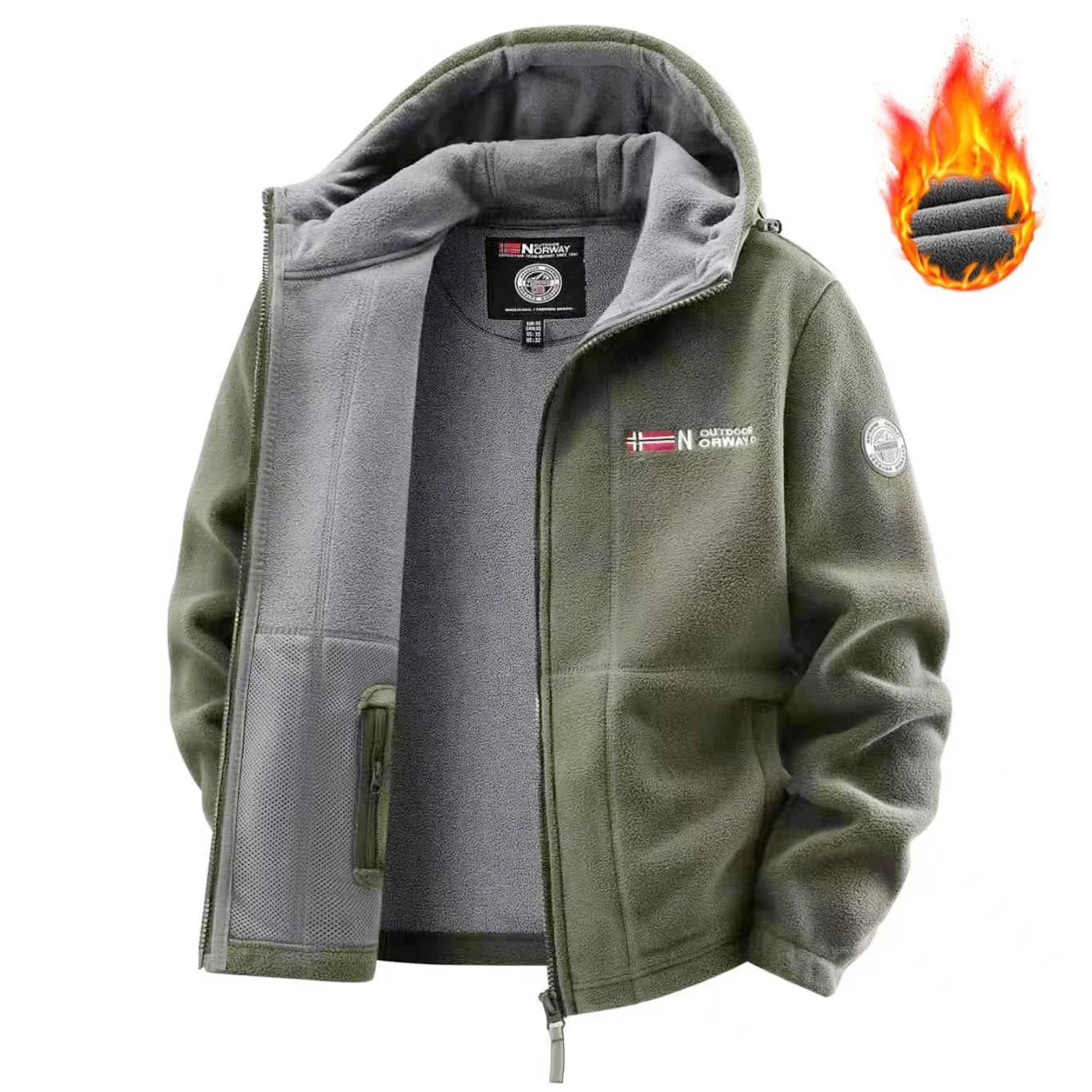 

New Men's Thermal Double Layer Hooded Fleece Winter Jacket High Quality Outdoor Norway Windproof Hiking Camping Coat