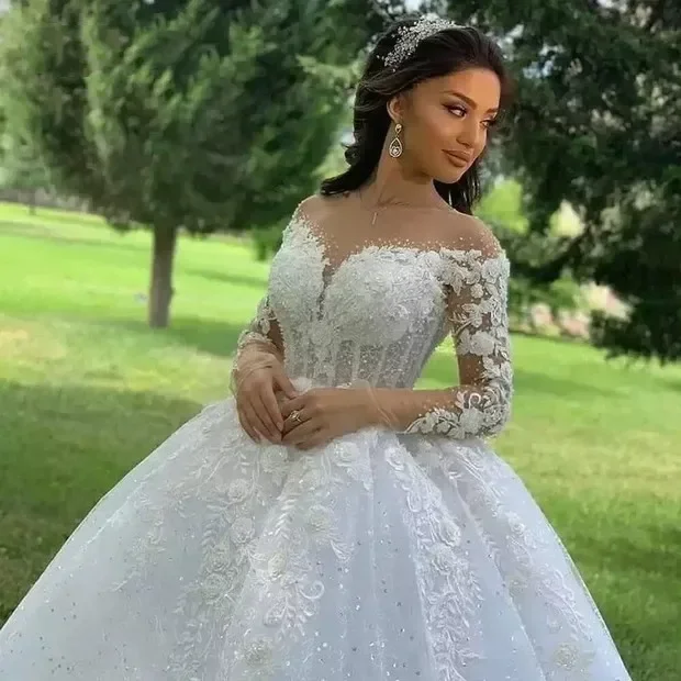 Flavinke Customized Sparkle Tulle Princess Wedding Dresses Long Sleeve Robe de mariée Ball Gown applique Beaded Vestido De Noiva