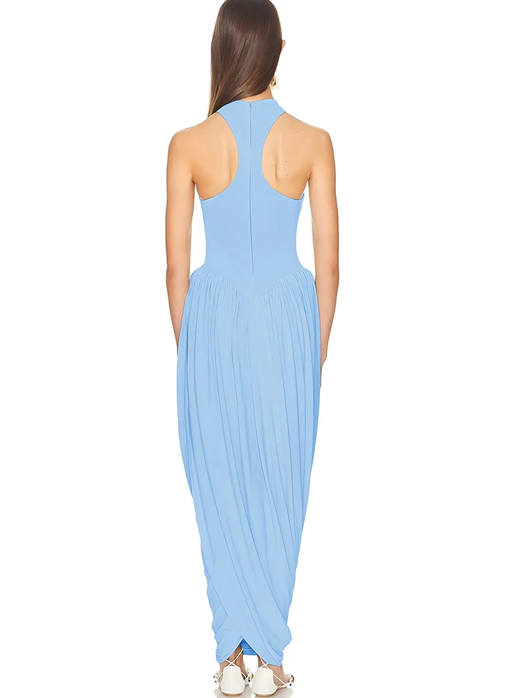 JULISSA MO Elegant Round Neck Draped Women Maxi Dress White Sleeveless High  Waist Dress Female Summer Skinny Party Evening Dress - AliExpress 200000345