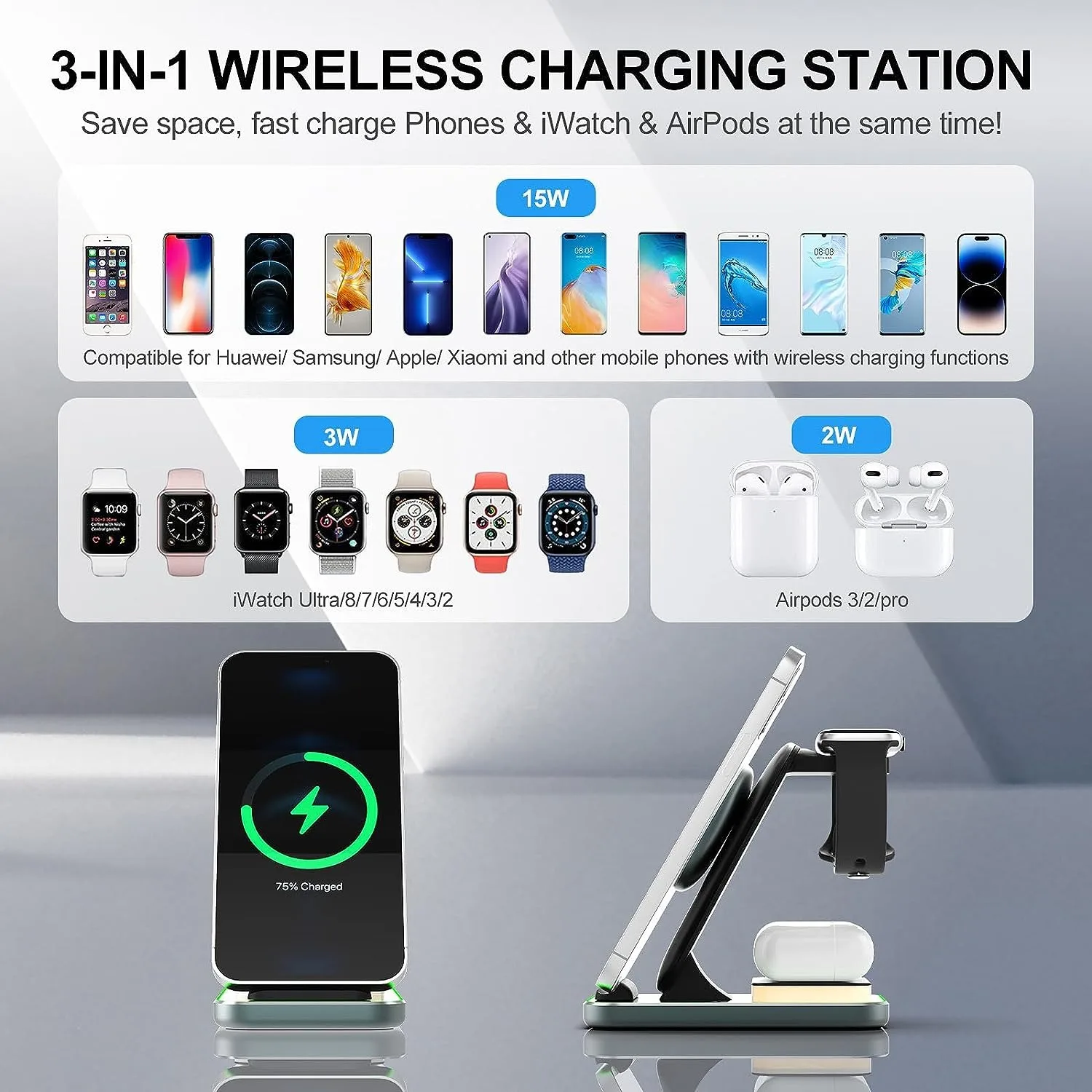3 in 1 Wireless Charging Station for iPhone 14 13 12 11 X 8 15W Fast Charger Stand for iWatch Ultra 8 7 6 5 4 3 AirPods Pro 3 2