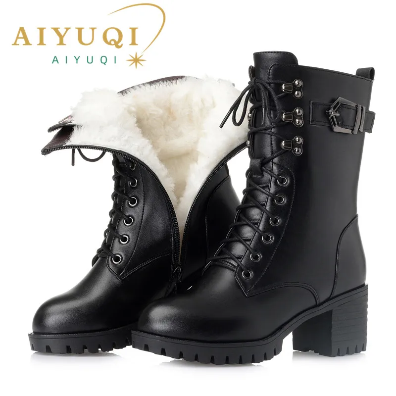 AIYUQI 2025 Genuine Leather Women Biker Boots Size 41 42 43 Lace Fashion Women Martn Boots High-heeled Thick Wool Boots