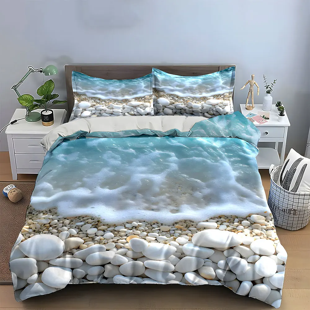 3Pcs - Soft, Breathable, Comfortable Beach-Inspired Bedding Set with Sand, Sea Water Print, Home Bed Decor, Gift for Kids Adults