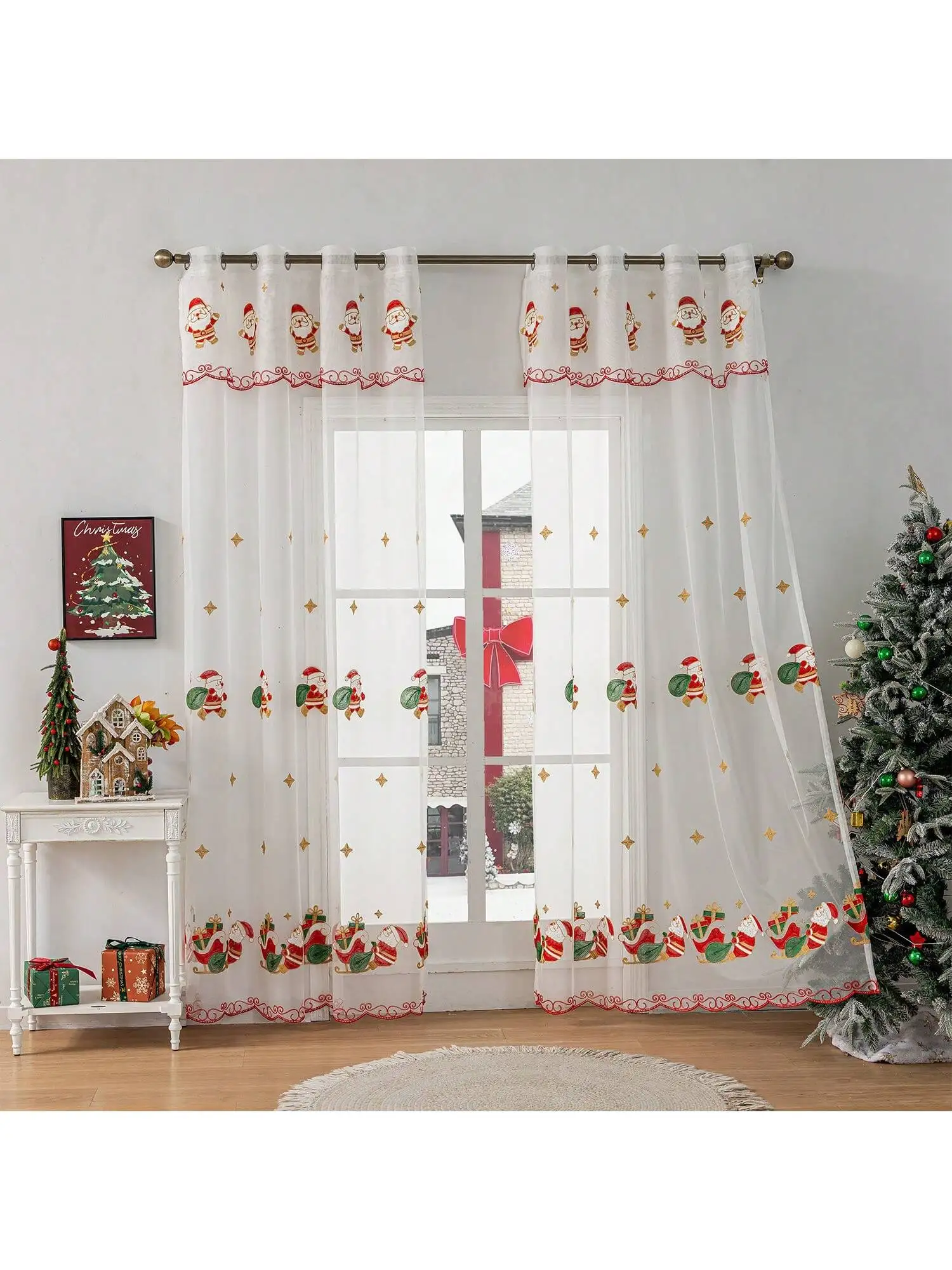 

1pc Christmas Santa Embroidery Sheer Curtain Festive Window Decor for Holiday Living Room Bedroom