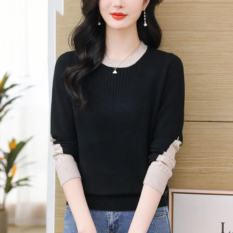 O-Neck Pullover Long Sleeve Sweater Knitted Women\'s Clothing Casual Commute Screw Thread Autumn Winter Contrast Color Tops