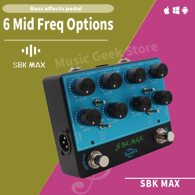 Pedal de Pré-Amplificador Fanmuzk SBK MAX para Baixo, Caixa DI Ativa, EQ de 4 Bandas, Distorção, Overdrive, Simulador de Cabo, Saída XLR, Simulador de Alto-Falante para Baixo Elétrico