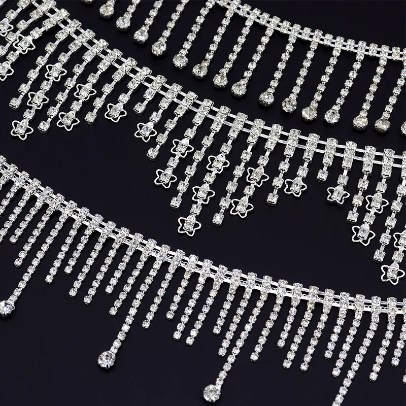 Rhinestone Fringe Trim Star Rhinestone Ribbon Long Tassel Diamond Crystal Chain for Sewing Craft Wedding Dress Jewelry DIY Decor