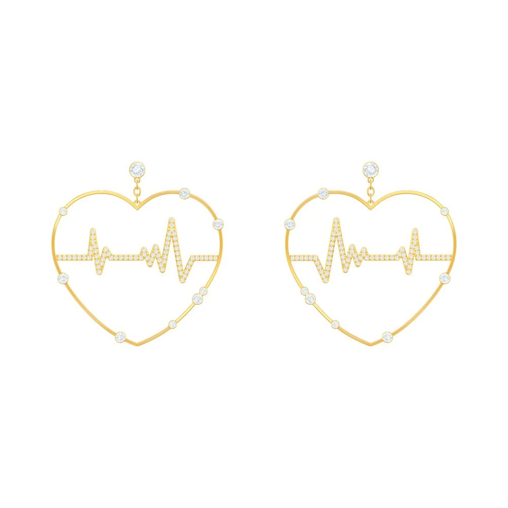 

Позолоченные серьги-подвески в форме сердца с прозрачными кристаллами и деталями в виде сердца и ЭКГ