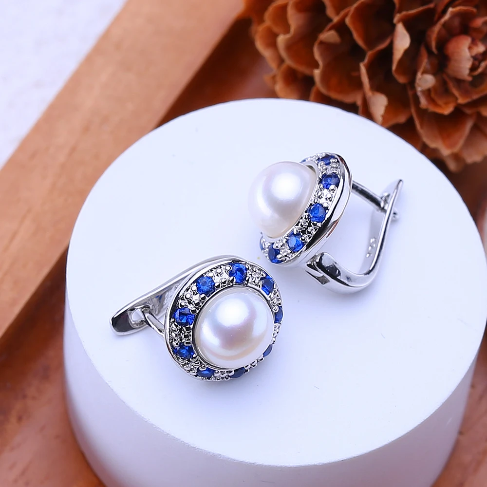FENASY 925 Sterling Silver Natural Freshwater Pearl Earrings Green Crystal Boho Stud Earrings For Women Emerald Wedding  Jewelry
