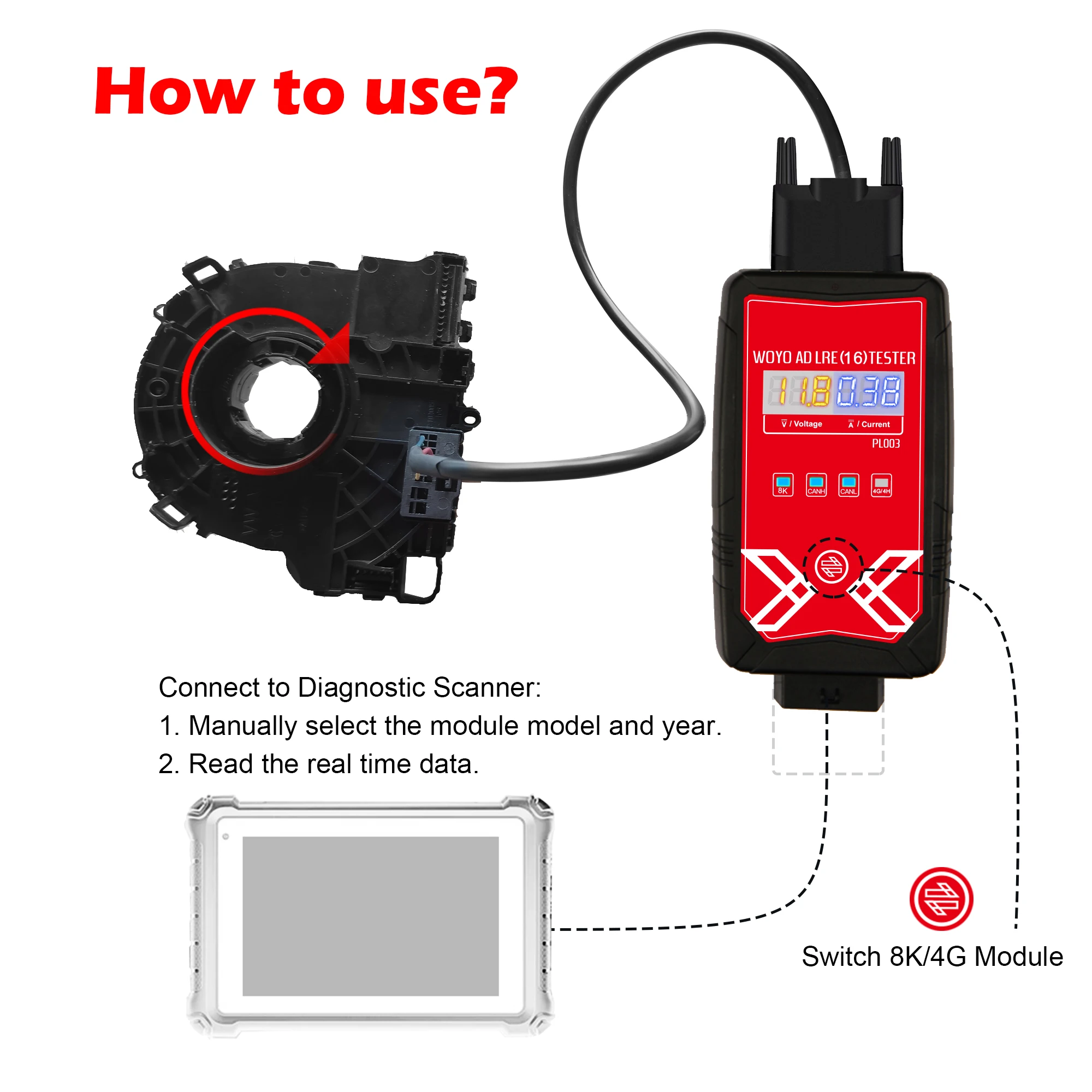 WOYO PL003 Steering Angle Sensor Tester For AU-DI LRE 16 4G/8K/4H Coil Spring With Electronics Detector On Bench Diagnostic Tool