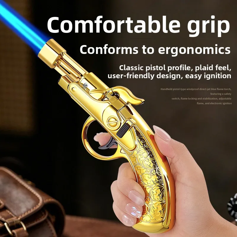 New Retro Big Flame Creative Gun Style Inflatable Windproof Lighter, Outdoor High-temperature Personalized Cigar Lighter