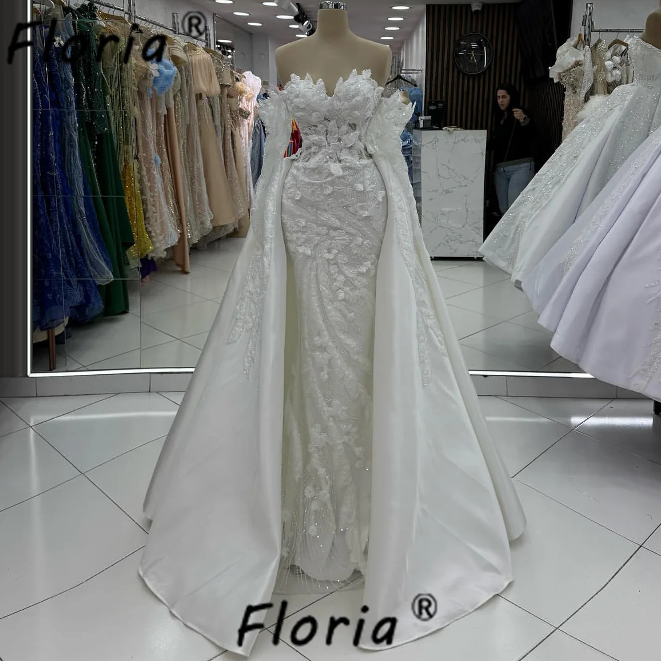 

Великолепное белое вечернее платье русалки из бисера со съемным шлейфом и 3D цветочной кружевной аппликацией, свадебные платья, Vestidos Gala