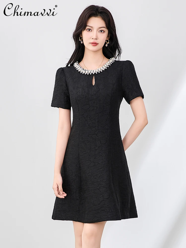 

Французские элегантные светские платья в стиле ретро с круглым вырезом из бисера, с коротким рукавом и высокой талией, тонкое жаккардовое вечернее платье трапециевидной формы для женщин