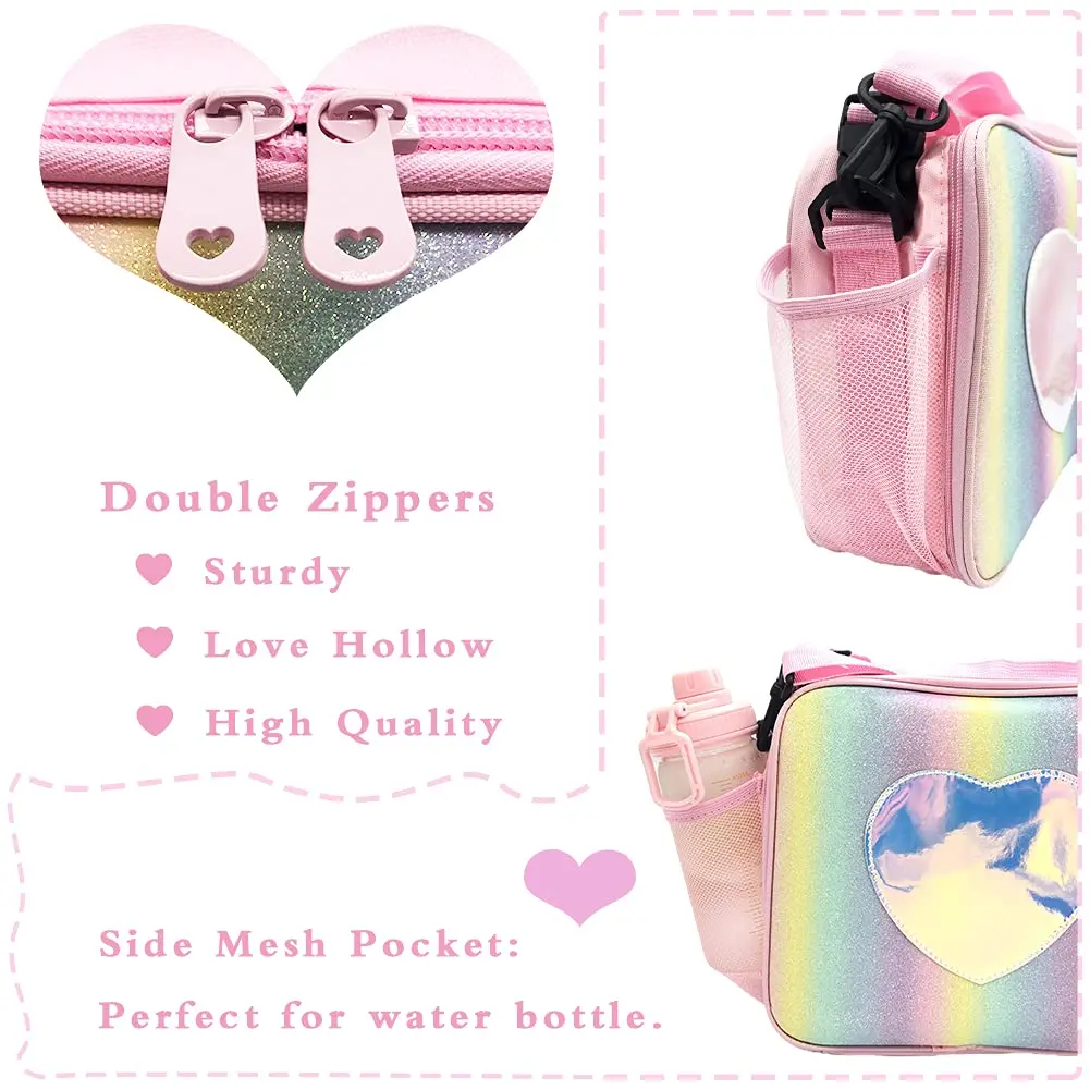 Lunch Bag Rainbow Loving Heart Laser Portable Large Bento Pouch for Children Girl Thermal Insulated Cooler Shoulder Picnic Box