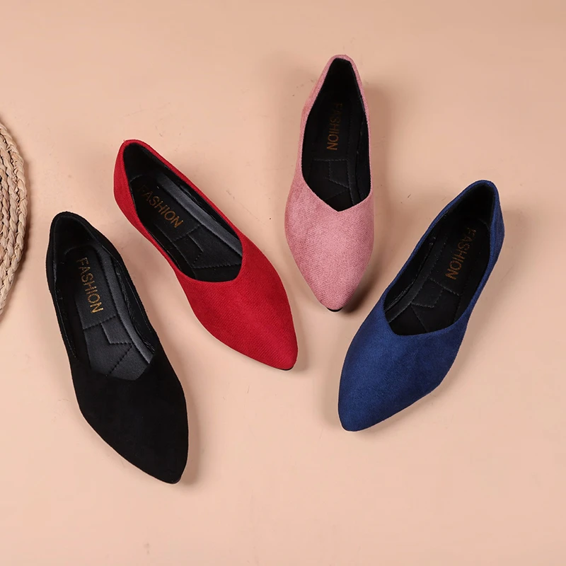 Women Suede Pointed Toe Flat Shoes V‑Cut Slip On Soft Sole Large Size Multi‑Color Casual Comfort Dress Daily Office Ballet Flats